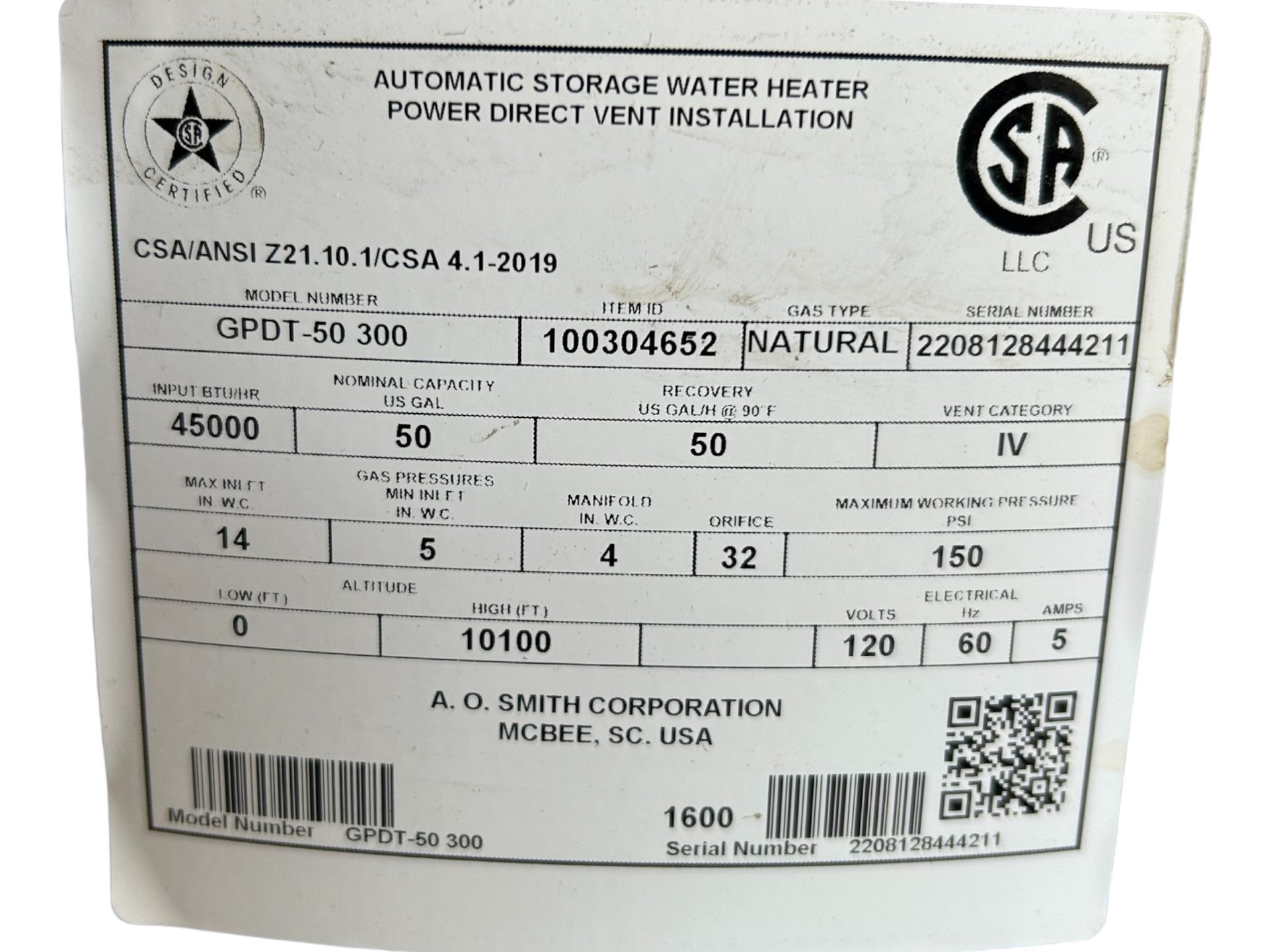 AO Smith, GPDT50 30, ProLine, XE, 50Gallon, Power Direct Vent