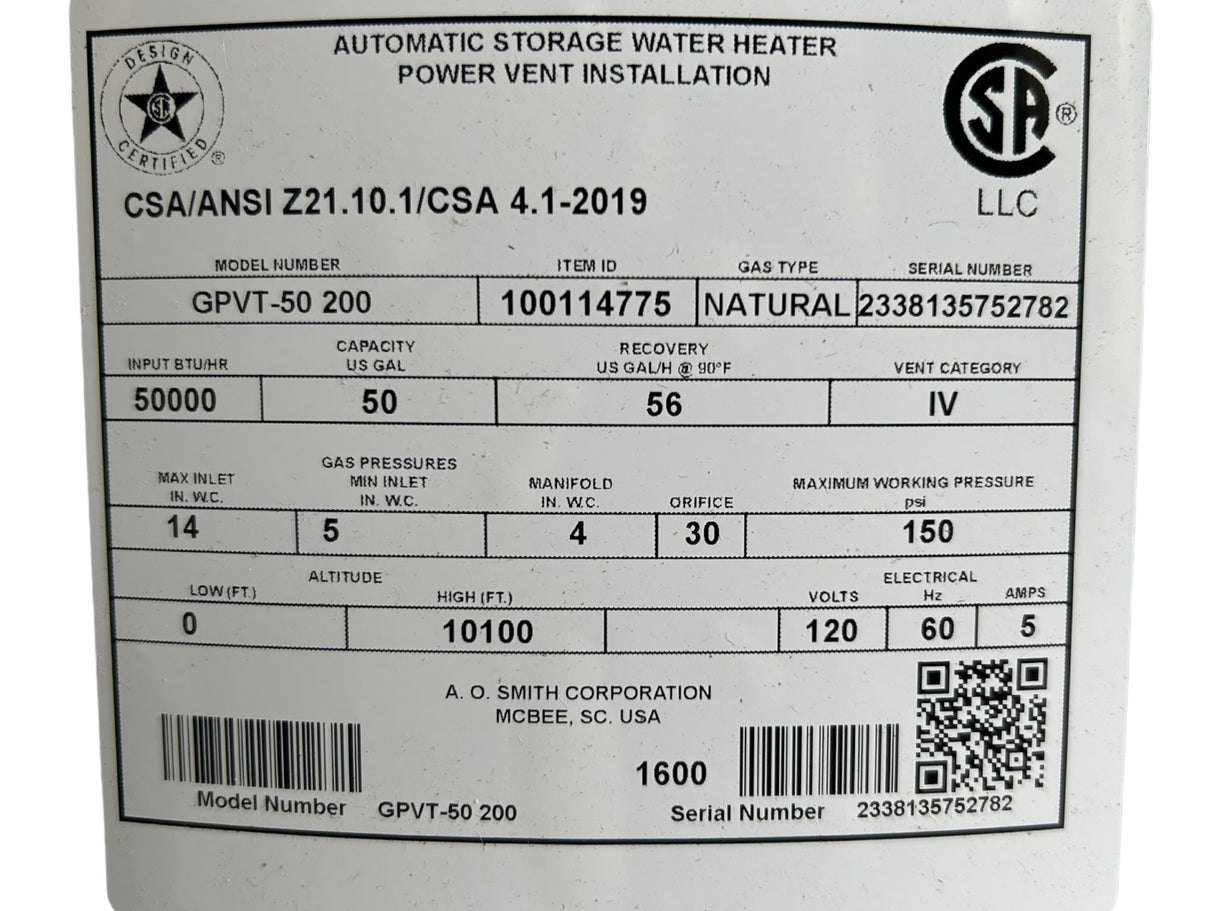 AO Smith, GPVT-50 200, ProLine XE, 50-Gallon, Power Vent, Natural Gas, Water Heater - FreemanLiquidators - [product_description]