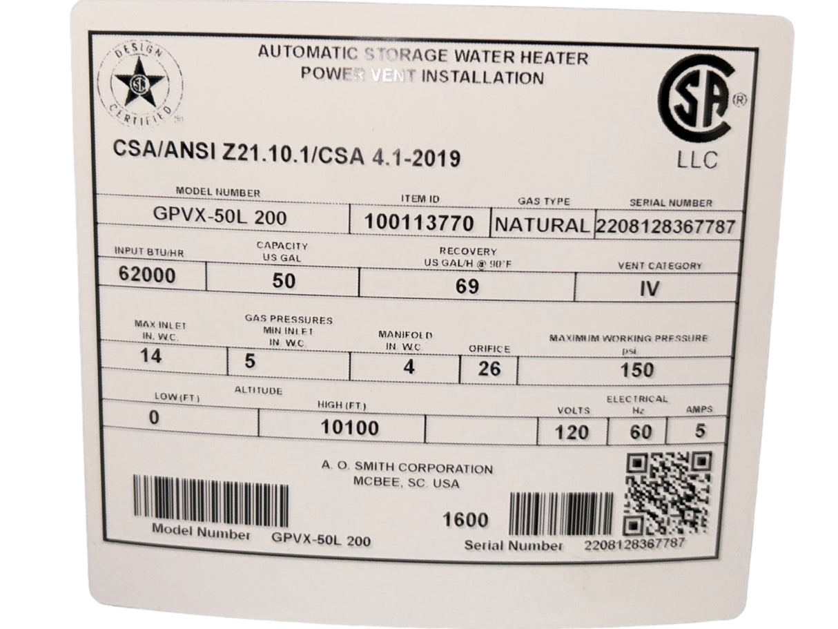 AO Smith, GPVX-50L 200, ProLine, XE, 50-Gallon, Power Vent, Natural Gas, Water Heater - FreemanLiquidators - [product_description]