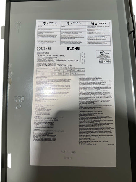 Eaton DG222NRB, Fused Safety Switch, 14,400W, 120/240V, 60Hz - Fuse & Safety Switches - Freeman Liquidators - [product_description]