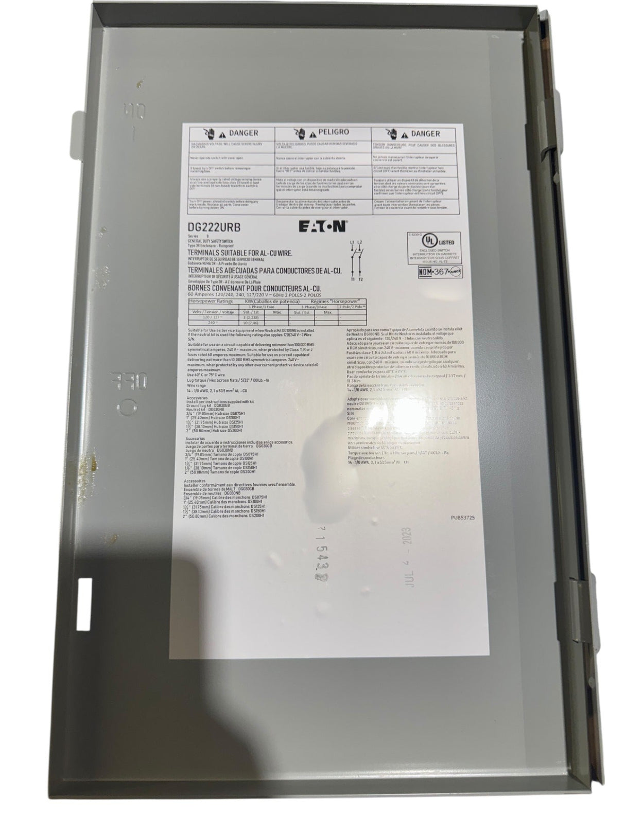 Eaton DG222URB, Non-Fusible Safety Switch, 2P, 240V, 60A