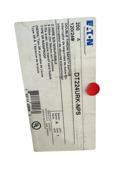 Eaton, DT224URK-NPS, Non-Fusible, Safety Switch, 2P, 200A - Fuse & Safety Switches - Freeman Liquidators - [product_description]