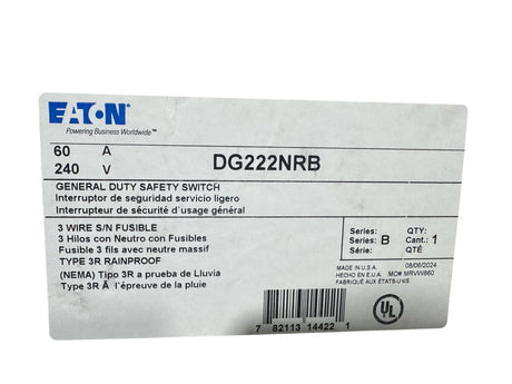 Eaton general duty safety switch packaging with label and bar code on a white background