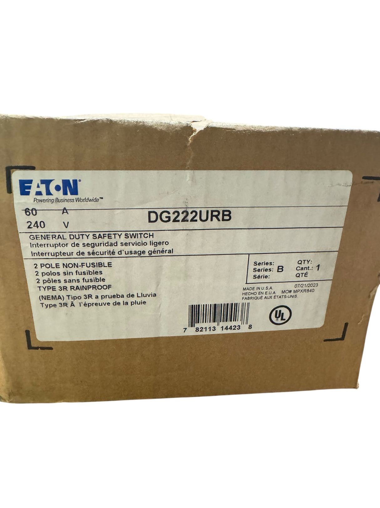 Eaton DG222URB, Non-Fusible Safety Switch, 2P, 240V, 60A