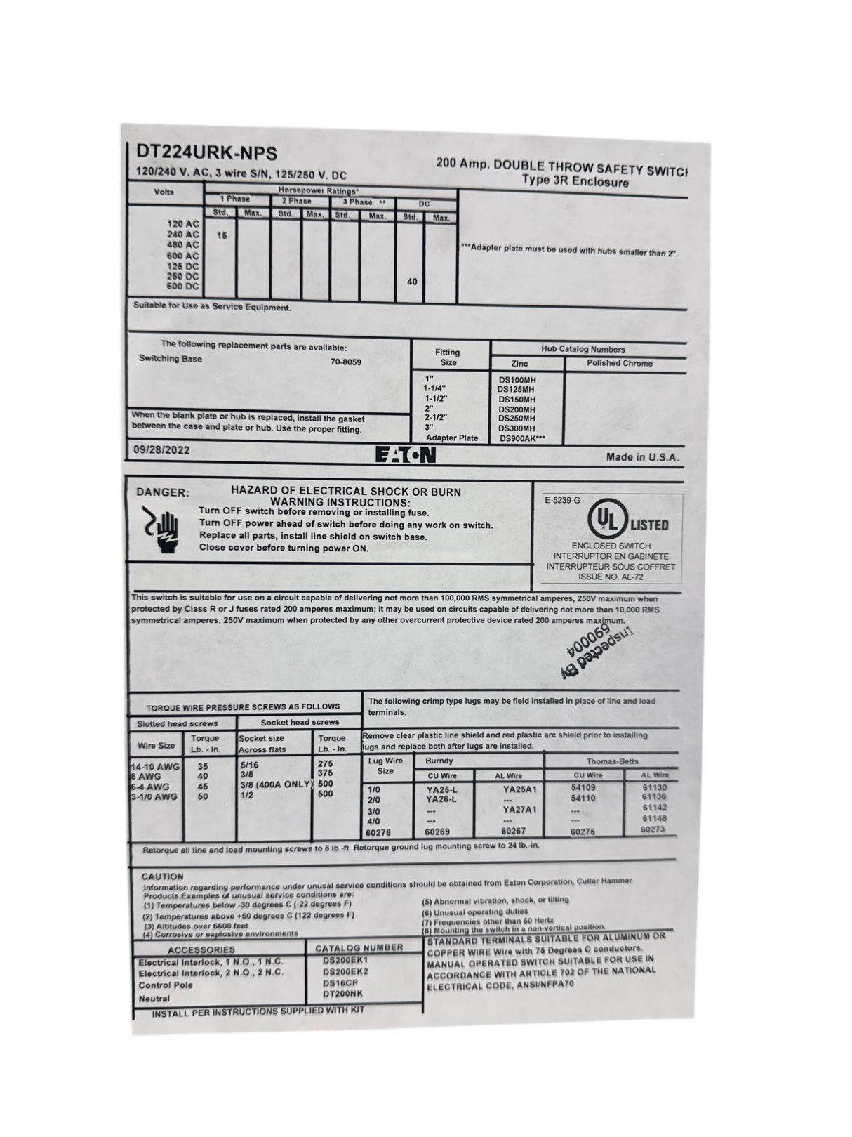 Eaton, DT224URK-NPS, Non-Fusible, Safety Switch, 2P, 200A - Fuse & Safety Switches - Freeman Liquidators - [product_description]