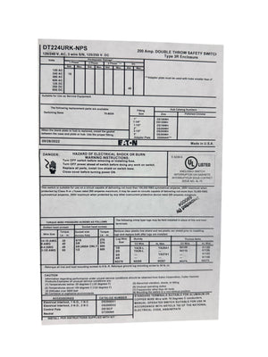Eaton, DT224URK-NPS, Non-Fusible, Safety Switch, 2P, 200A - Fuse & Safety Switches - Freeman Liquidators - [product_description]