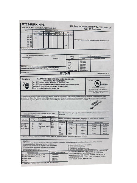 Eaton, DT224URK-NPS, Non-Fusible, Safety Switch, 2P, 200A - Fuse & Safety Switches - Freeman Liquidators - [product_description]