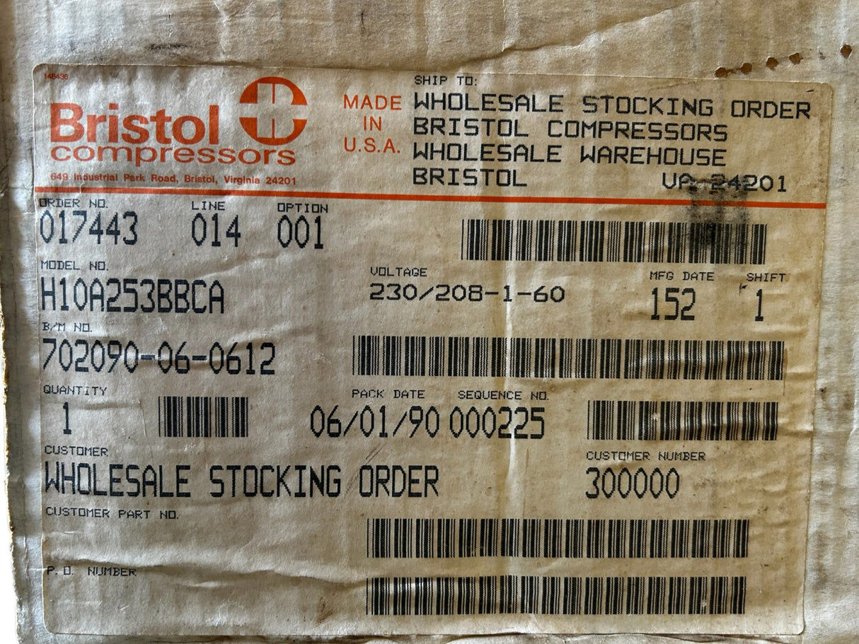 BRISTOL, H10A253BBCA, R12, 208-230V, 25000BTU Compressor - NEW IN BOX - FreemanLiquidators - [product_description]