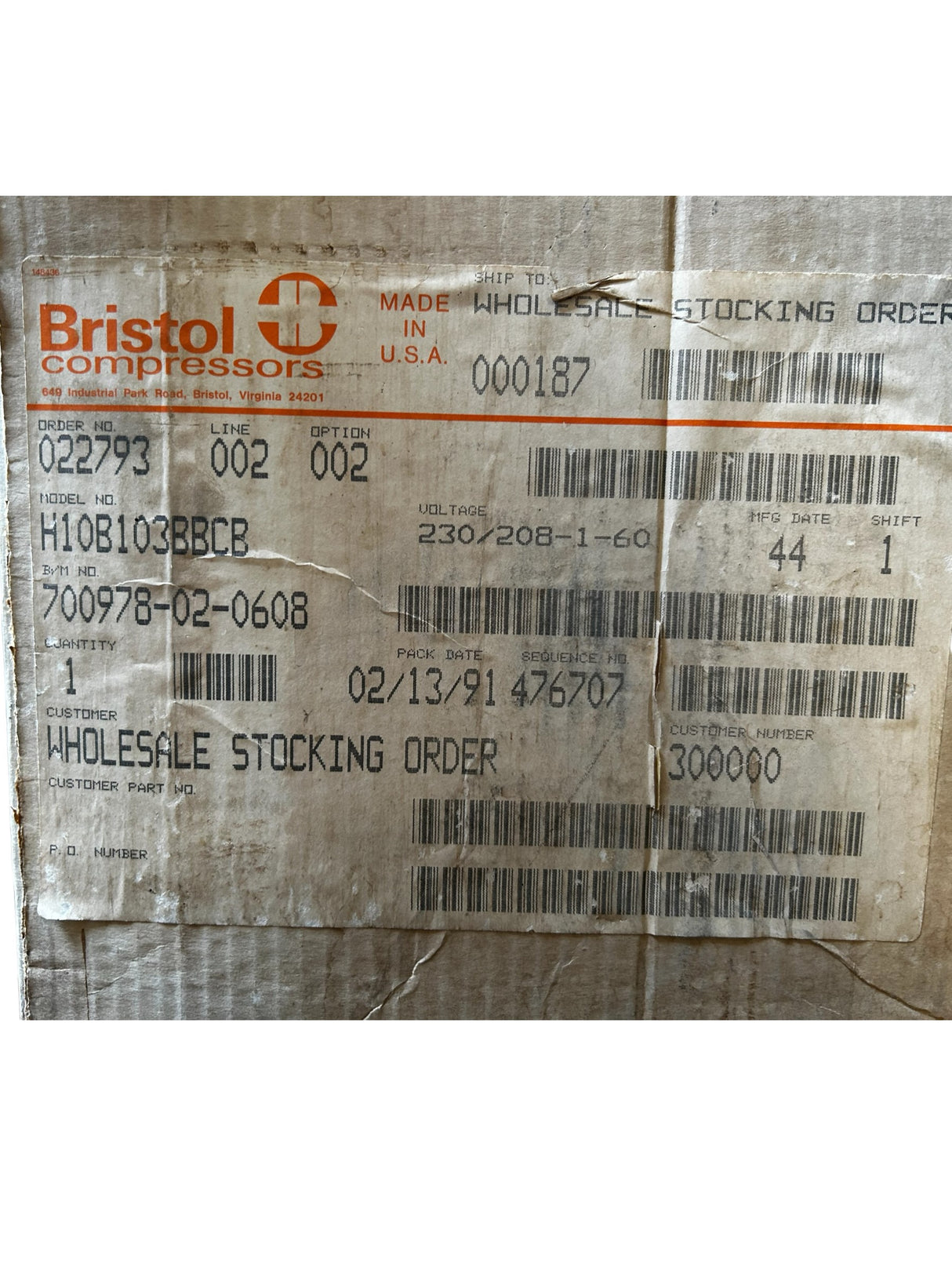 BRISTOL, H10B103BBCB, R12, 208-230V, 10000BTU Compressor - NEW IN BOX - FreemanLiquidators - [product_description]