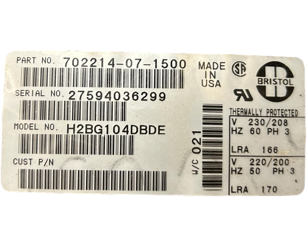 BRISTOL, H2BG104DBDE, MCQUAY, 308103, 7-1/2HP, R22, 208-230V, 100,000 BTU Compressor - NEW IN BOX - FreemanLiquidators - [product_description]