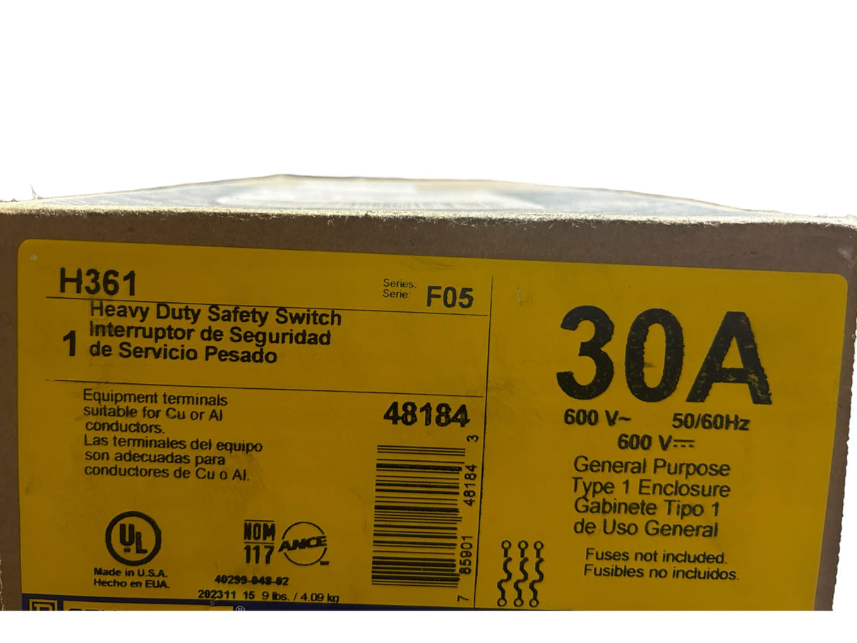 Square D, H361, F05 Series, Heavy Duty Safety Switch - NEW IN ORIGINAL PACKAGING - FreemanLiquidators - [product_description]