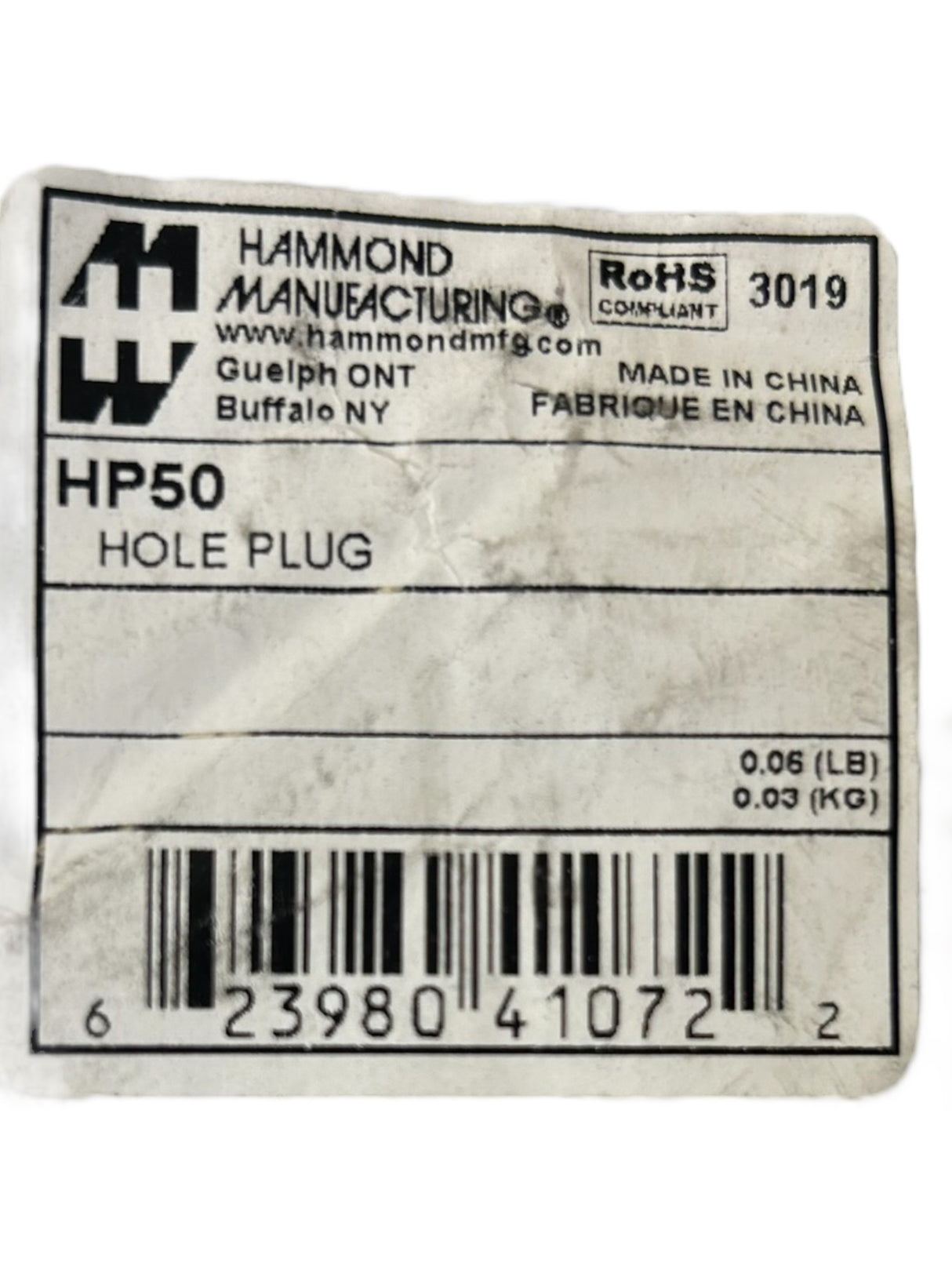 Hammond Manufacturing, HP50, HOLE PLUG - NEW IN ORIGINAL PACKAGING - FreemanLiquidators - [product_description]