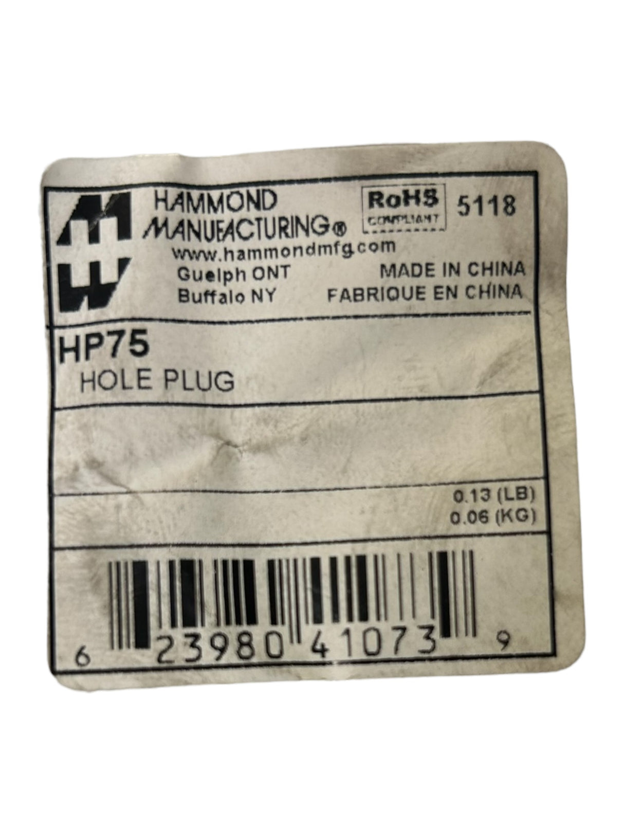 Hammond Manufacturing, HP75, HOLE PLUG - NEW IN ORIGINAL PACKAGING - FreemanLiquidators - [product_description]