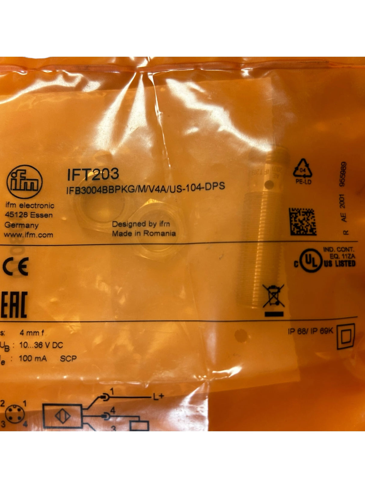 ifm, IFT203, IFB3004BBPKG/M/V4A/US-104-DPS, Inductive Sensor, 4 mm Range, M12 Flush, PNP- NEW IN PACKAGING - FreemanLiquidators - [product_description]