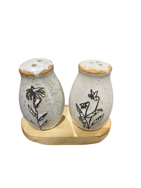 Creative Co Op, Stoneware, Salt & Pepper Shakers, Wooden Tray - salt & pepper shakers - Freeman Liquidators - [product_description]