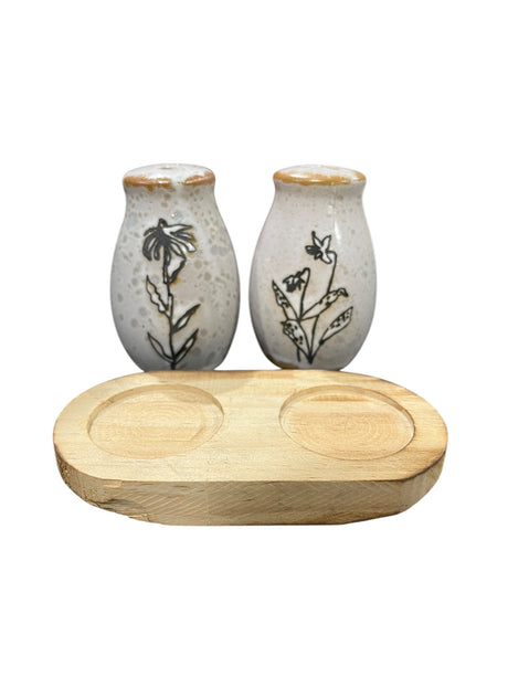 Creative Co Op, Stoneware, Salt & Pepper Shakers, Wooden Tray - salt & pepper shakers - Freeman Liquidators - [product_description]