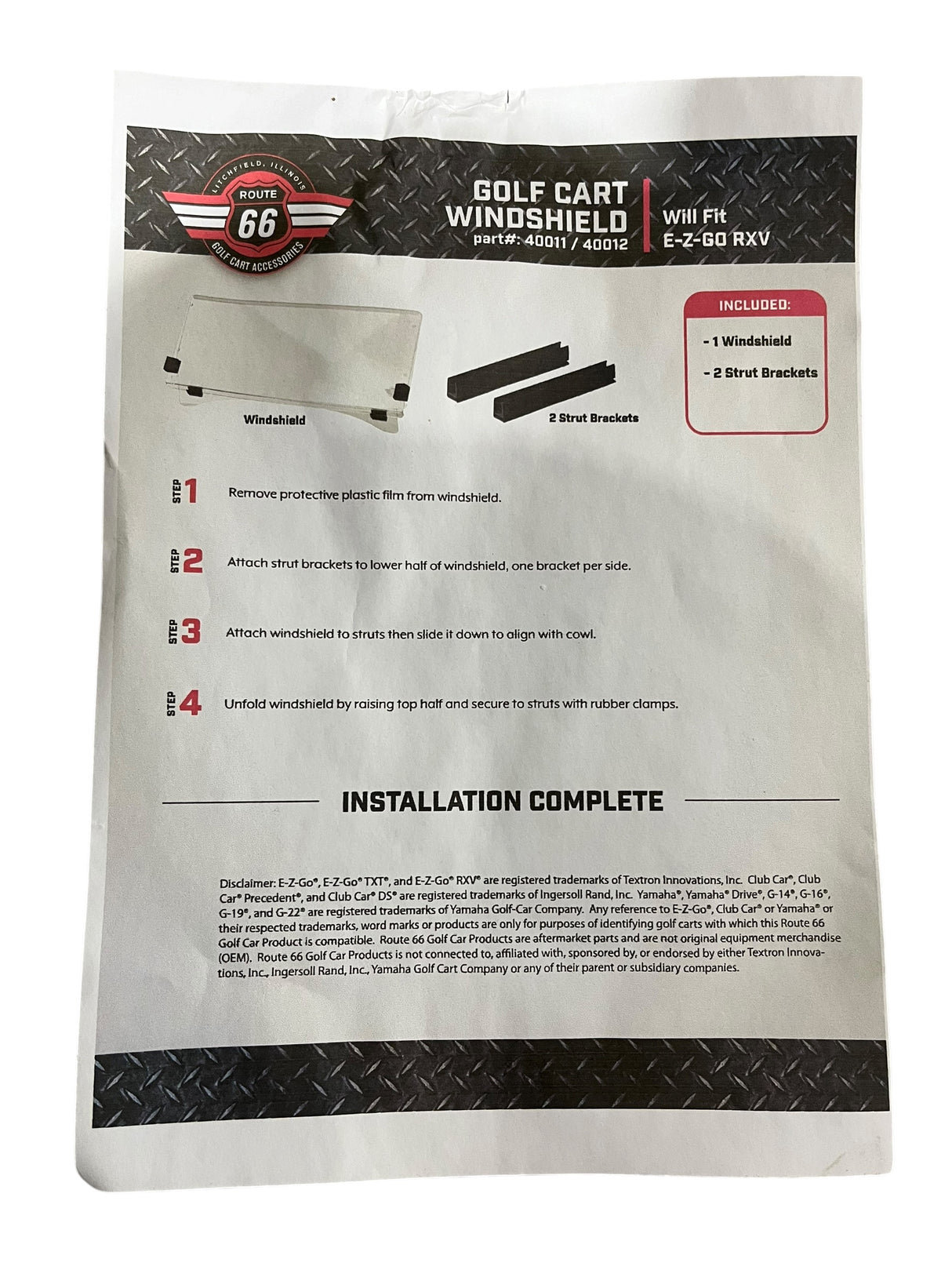 Route 66, E-Z-GO RXV, Golf Cart Windshield, 40011 - Golf Cart Windshield - Freeman Liquidators - [product_description]