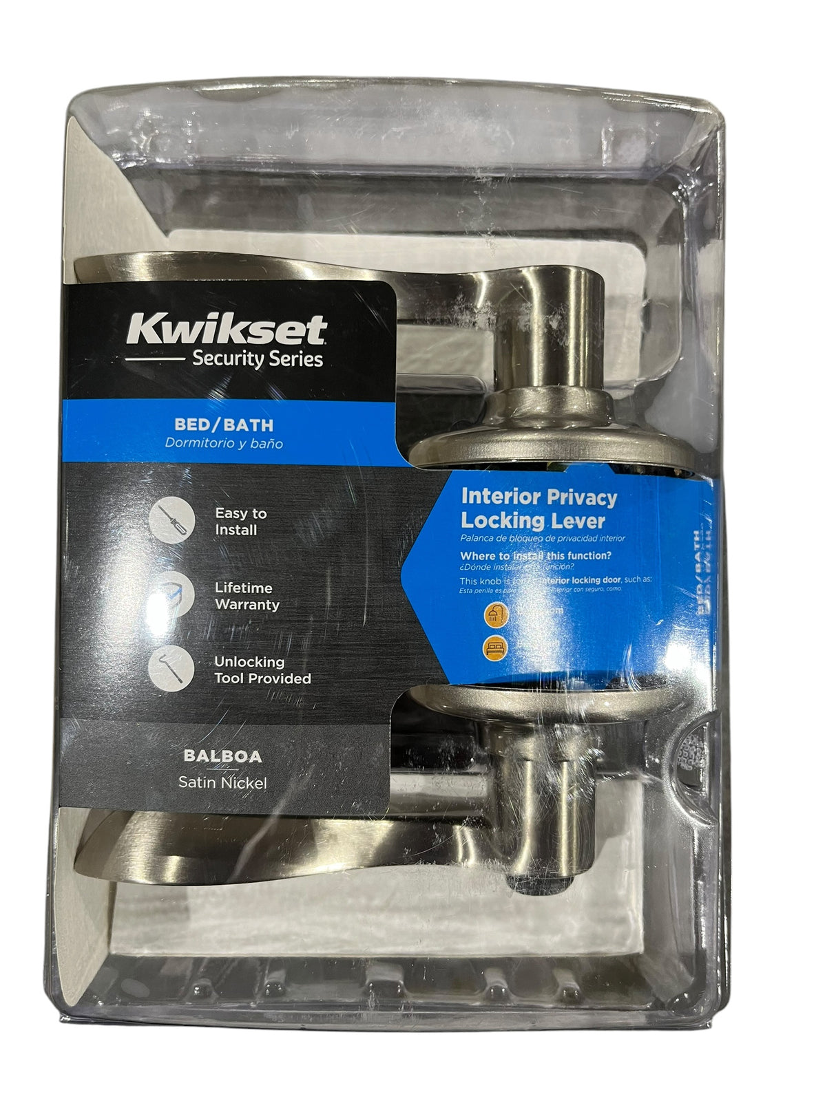 Kwikset, Balboa, 93001-882, Bed/Bath, Interior Privacy, Locking Lever, Satin Nickel