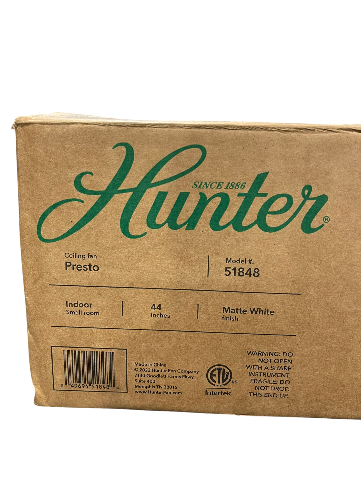 Hunter, 51848, Presto, 44”, Indoor, Ceiling Fan, Matte White