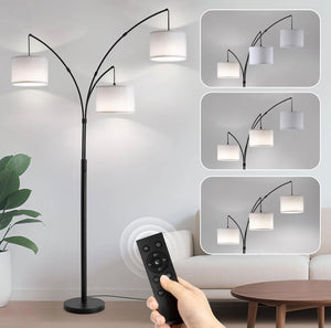 Fansdrick, ZJ02B-W, 3 Light, Arc Floor Lamp, Remote, 80”, Black, White Linen Shades