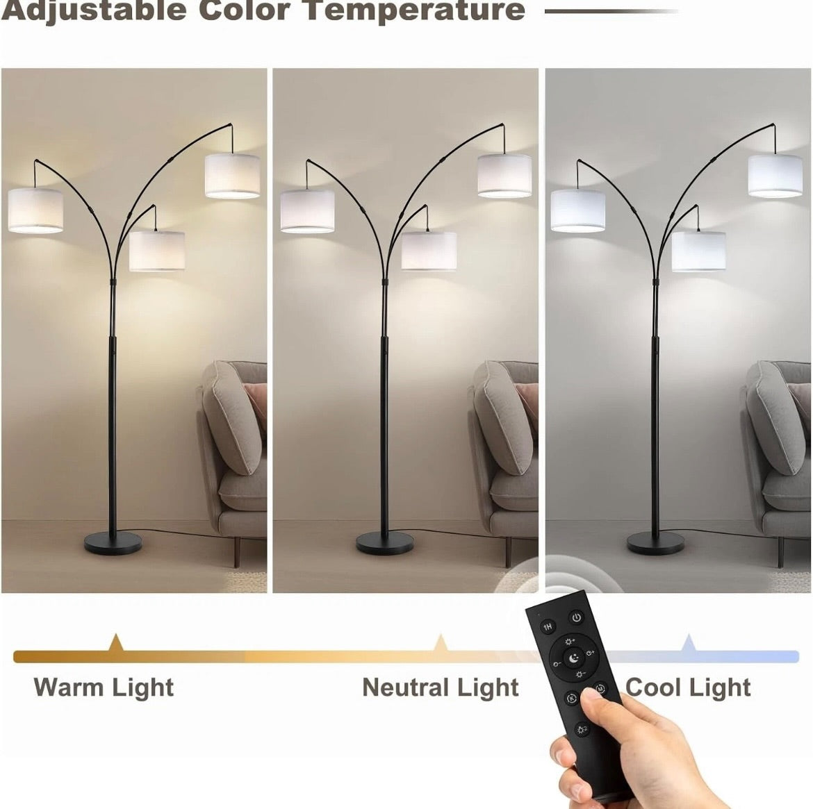 Fansdrick, ZJ02B-W, 3 Light, Arc Floor Lamp, Remote, 80”, Black, White Linen Shades
