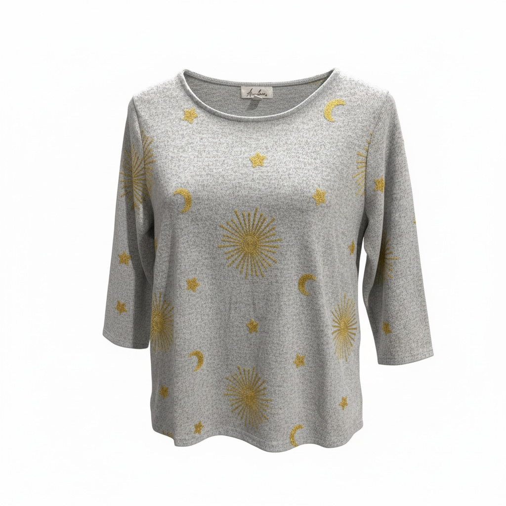 Anneliese grey woven women’s sweater with gold moons and stars - Women's Clothing - Freeman Liquidators - [product_description]
