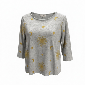 Anneliese grey woven women’s sweater with gold moons and stars - Women's Clothing - Freeman Liquidators - [product_description]