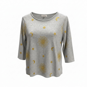 Anneliese grey woven women’s sweater with gold moons and stars - Women's Clothing - Freeman Liquidators - [product_description]