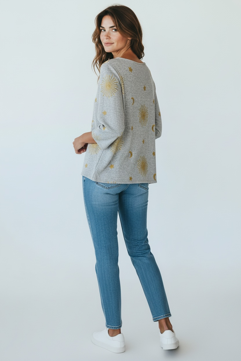 Anneliese grey woven women’s sweater with gold moons and stars - Women's Clothing - Freeman Liquidators - [product_description]
