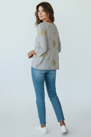 Anneliese grey woven women’s sweater with gold moons and stars - Women's Clothing - Freeman Liquidators - [product_description]