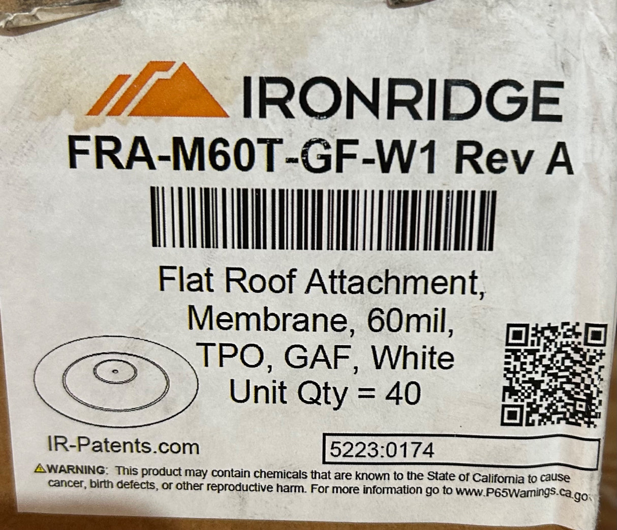 IronRidge, FRA‑M60T‑GF‑W1, Flat Roof Attachment Membrane, 60‑Mil, TPO/GAF, Rev A - Image 1