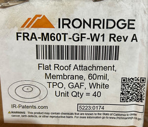 IronRidge, FRA‑M60T‑GF‑W1, Flat Roof Attachment Membrane, 60‑Mil, TPO/GAF, Rev A - Image 1