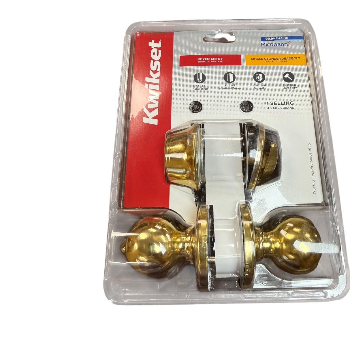 Kwikset 690 Polo Entry Knob and Single Cylinder Deadbolt Combo Pack in Polished Brass - Image 1