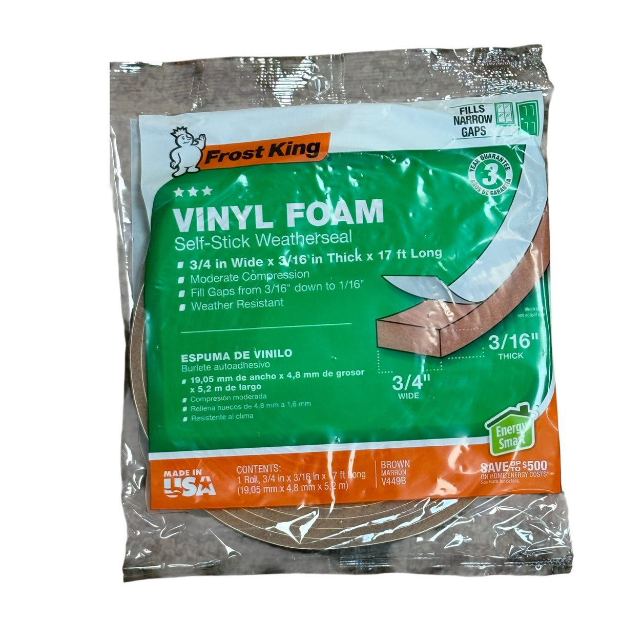 Frost King Thermwell V449BH 17-Ft. Brown Vinyl Foam Weather Strip Tape - Image 1