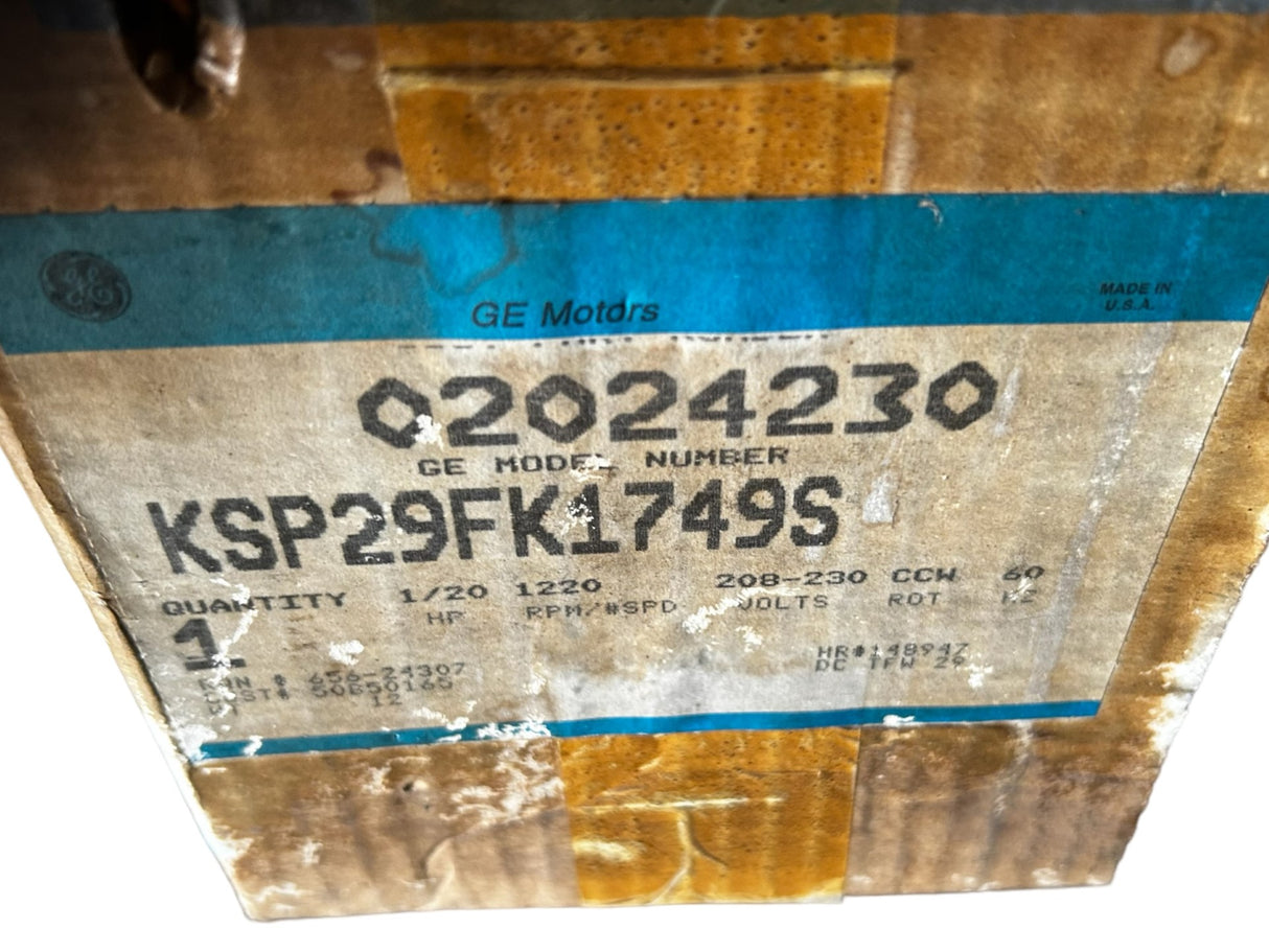 GE MOTORS, KSP29FK1749S, 5KSP29FK, 1/20HP, 208/230V, 1220 RPM - NEW IN BOX - FreemanLiquidators - [product_description]