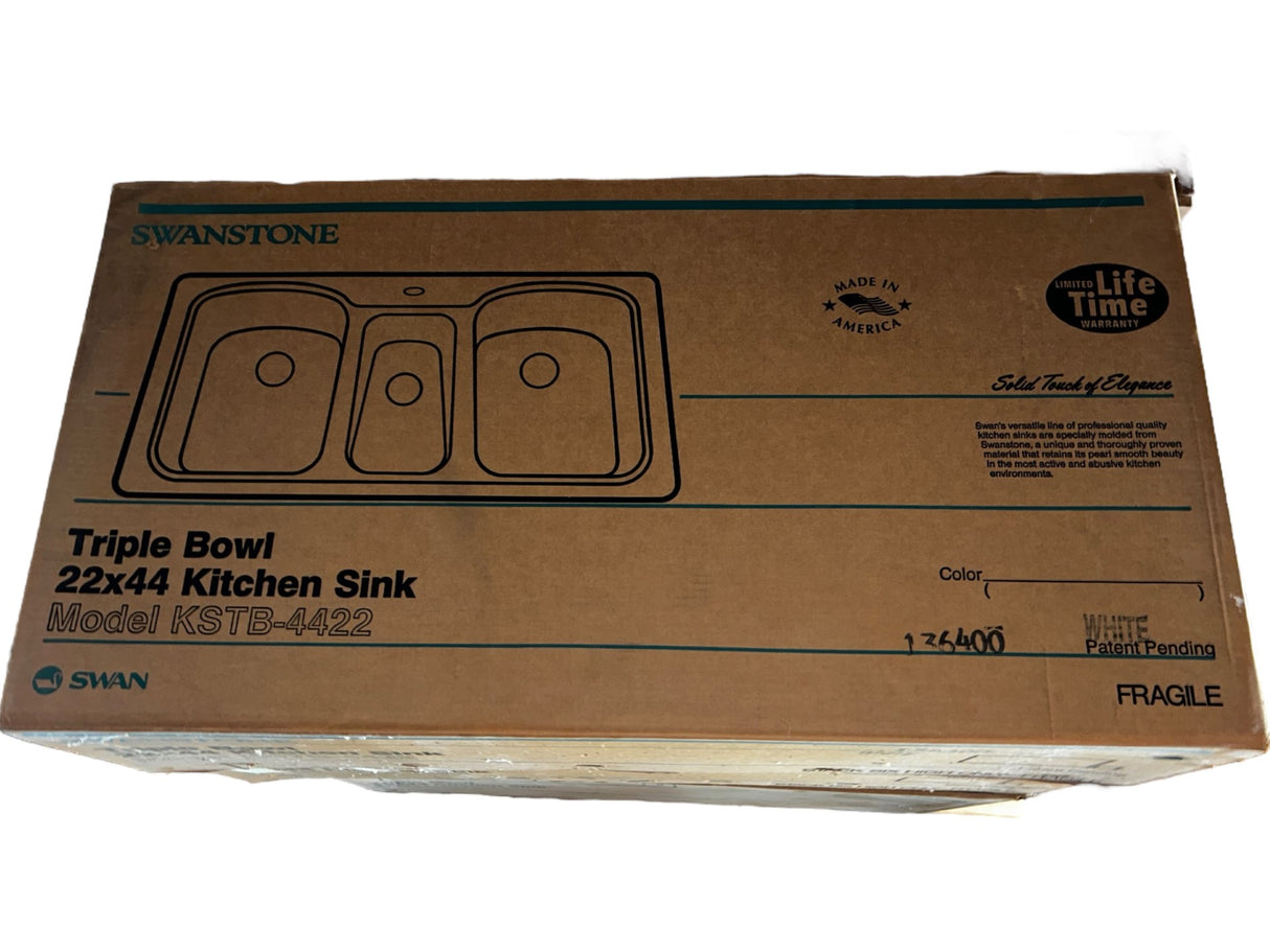 Swanstone, KSTB-4422, Tripple Bowl, 22x44 Kitchen Sink, White - FreemanLiquidators - [product_description]