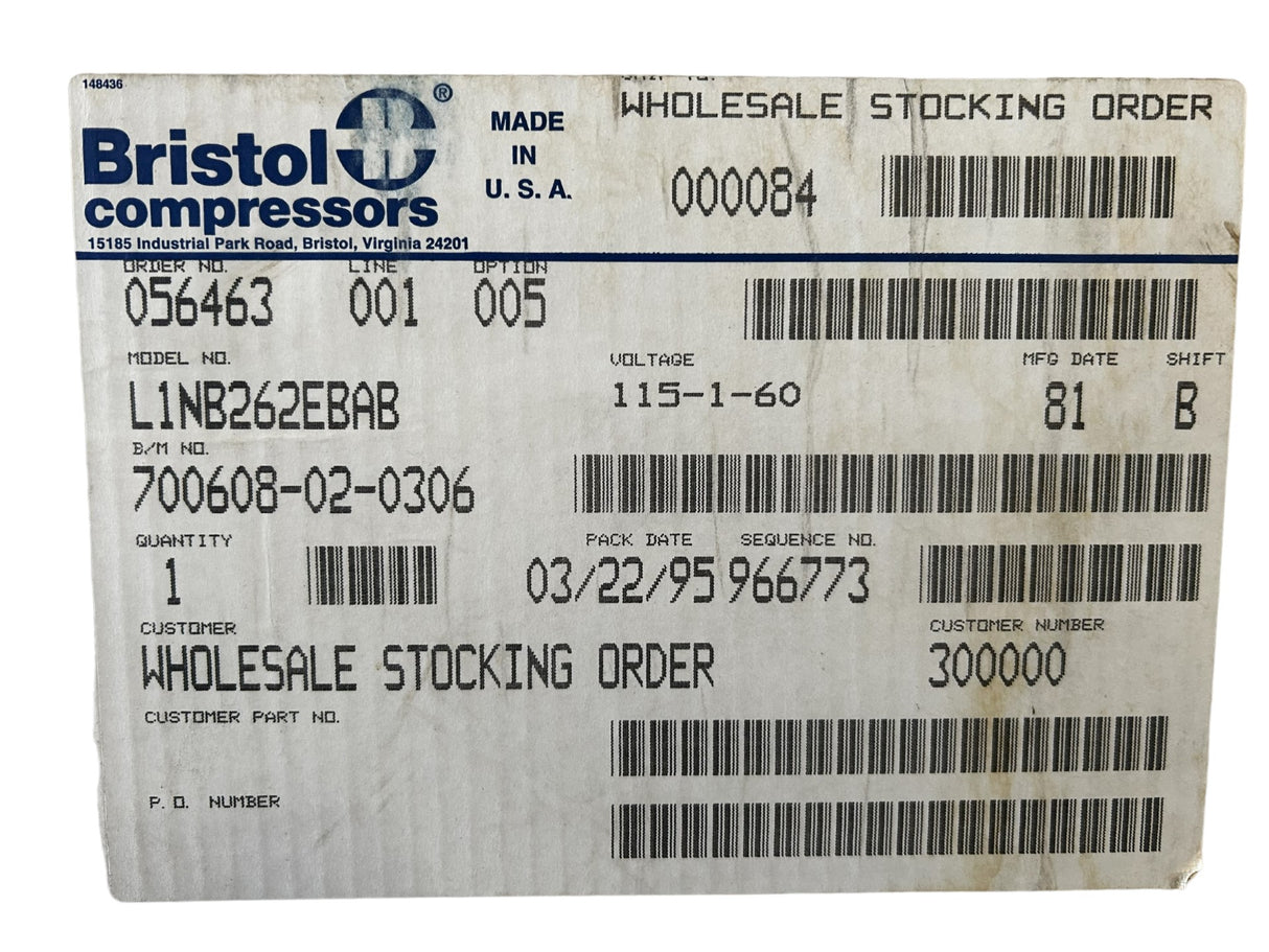 BRISTOL, L1NB262EBAB, R12, 115V, 2600BTU Compressor - NEW IN BOX - FreemanLiquidators - [product_description]