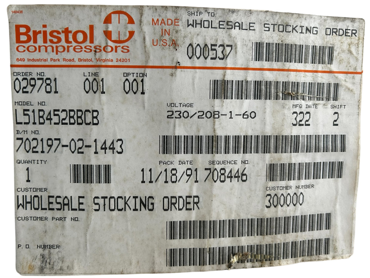 BRISTOL, L51B452BBCB, R502, 2HP, 208-230V, Compressor - NEW IN BOX - FreemanLiquidators - [product_description]