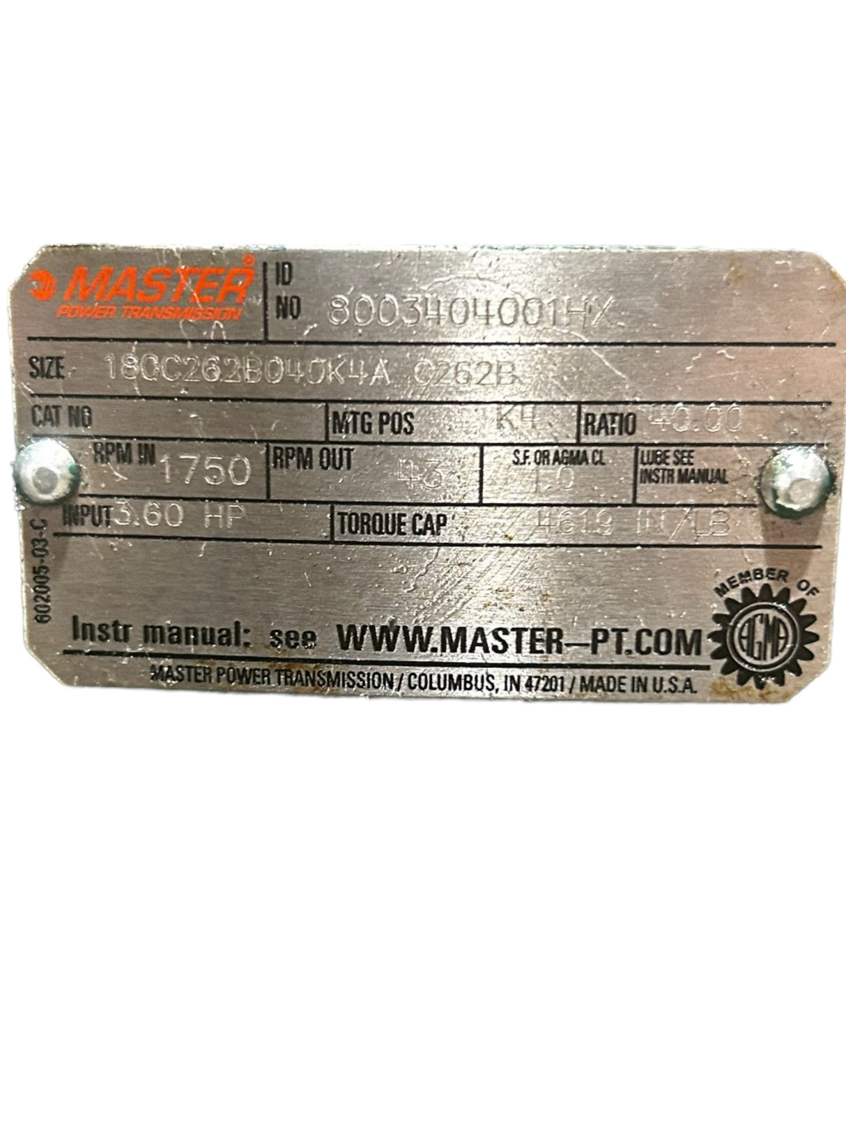 Master Power Transmission, 180C262B040K4A, Right Angle Reducer- NEW NO BOX - FreemanLiquidators - [product_description]