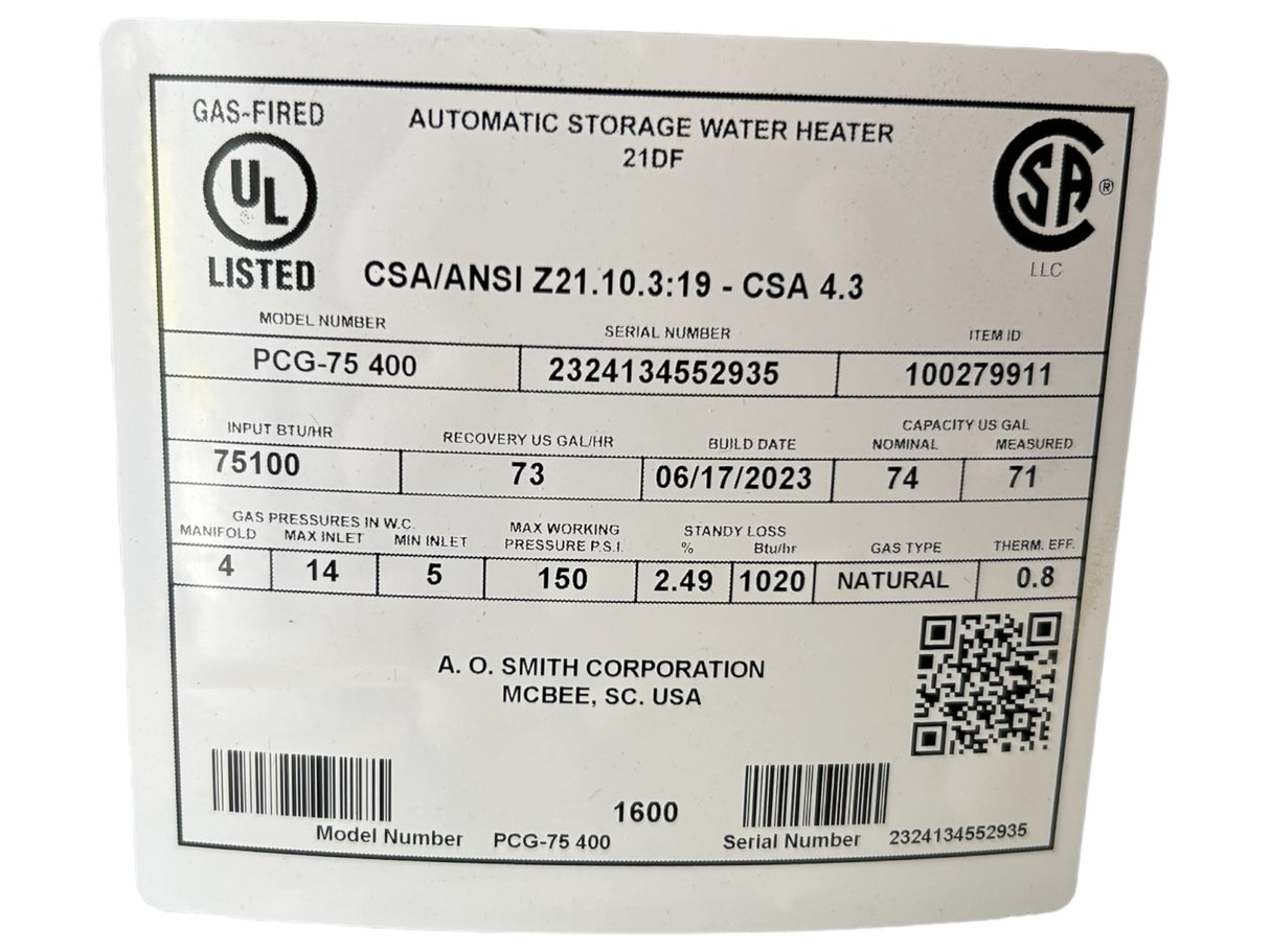 AO Smith, PCG-75 400, ProLine, 75-Gallon, High Recovery, Atmospheric Vent, Natural Gas, Water Heater - FreemanLiquidators - [product_description]