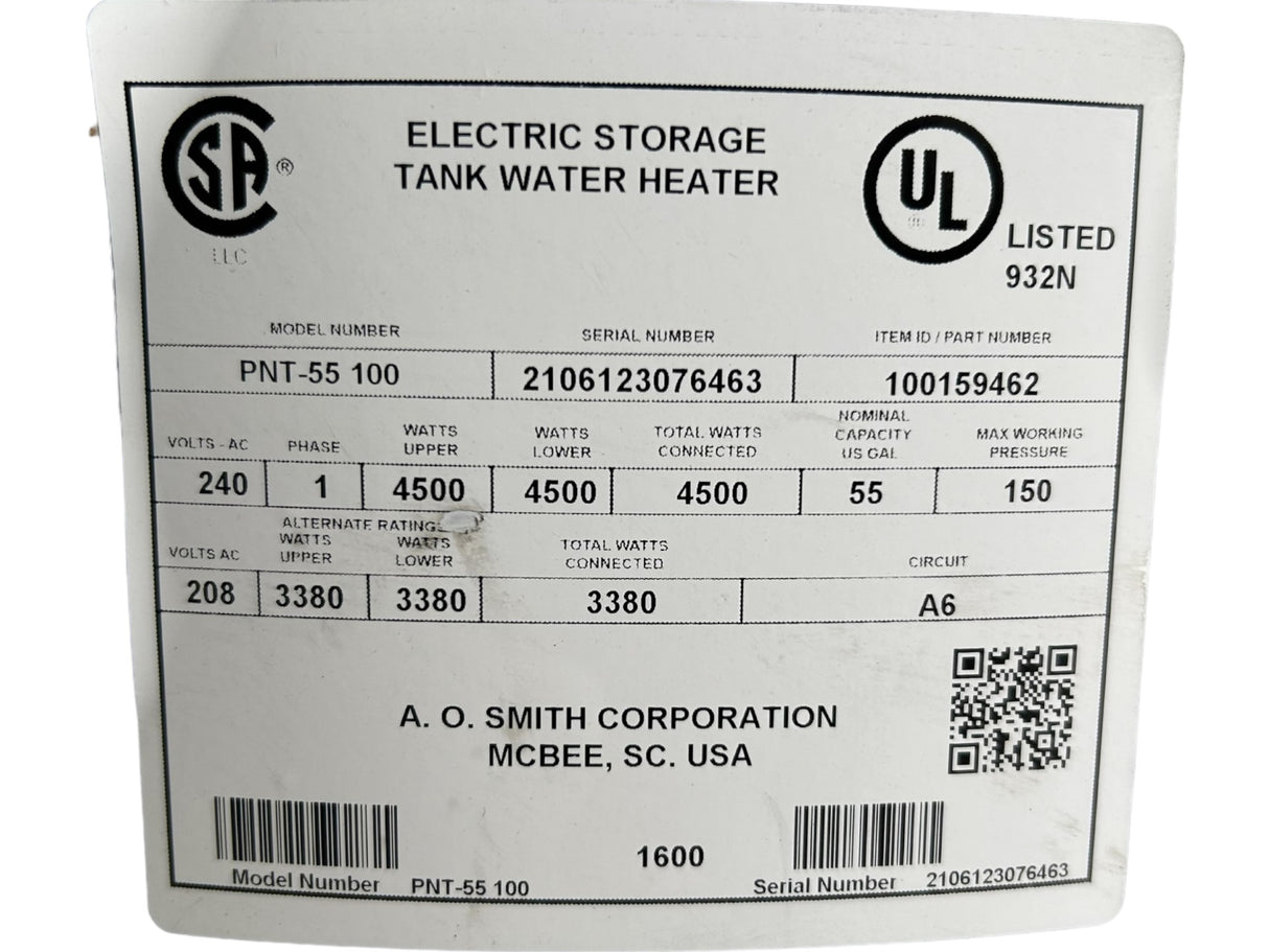 AO Smith, PNT-55 100, Proline, 55-Gallon, Tall, Electric, Water Heater - FreemanLiquidators - [product_description]