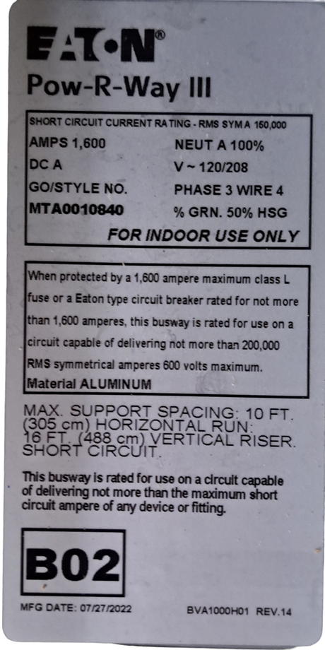 EATON, POW-R-WAY III, 1,600AMP, 120/208V, MTA0010840, BUSWAY - NEW NEVER USED - FreemanLiquidators - [product_description]