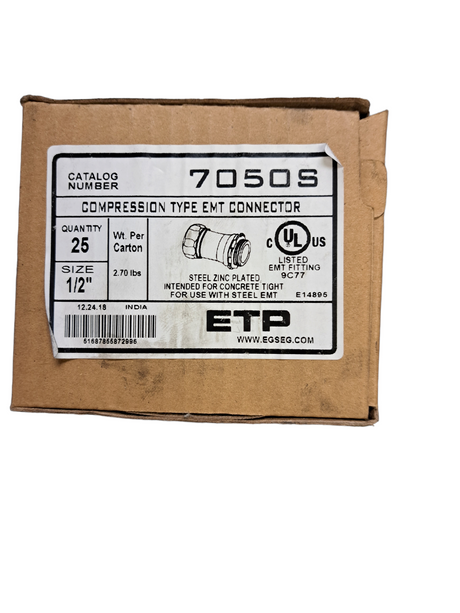 LOT OF 25, ETP, 7050S, 1/2", COMPRESSION TYPE, EMT CONNECTORS - NEW IN BOX - FreemanLiquidators - [product_description]