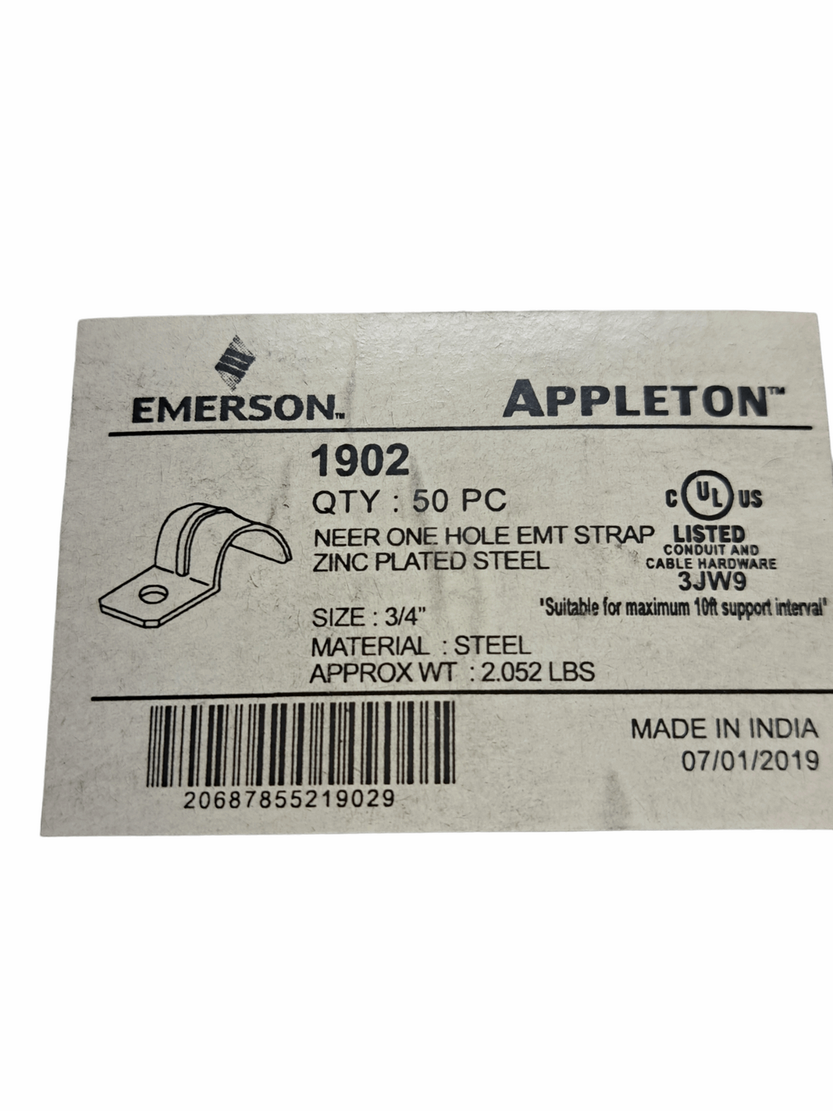 (LOT OF 50) EMERSON. APPLETON. 1902. ONE HOLE. EMT STRAP. ZINC PLATED STEEL - NEW IN BOX - FreemanLiquidators - [product_description]