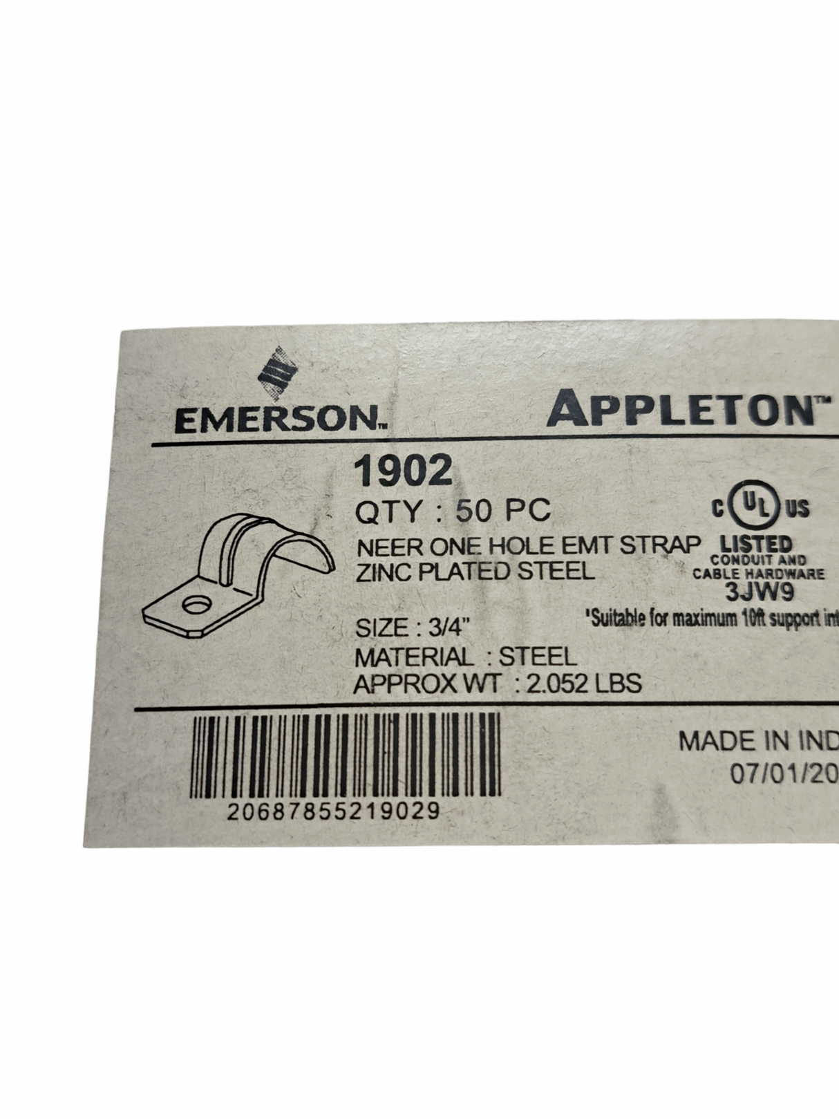 (LOT OF 50) EMERSON. APPLETON. 1902. ONE HOLE. EMT STRAP. ZINC PLATED STEEL - NEW IN BOX - FreemanLiquidators - [product_description]