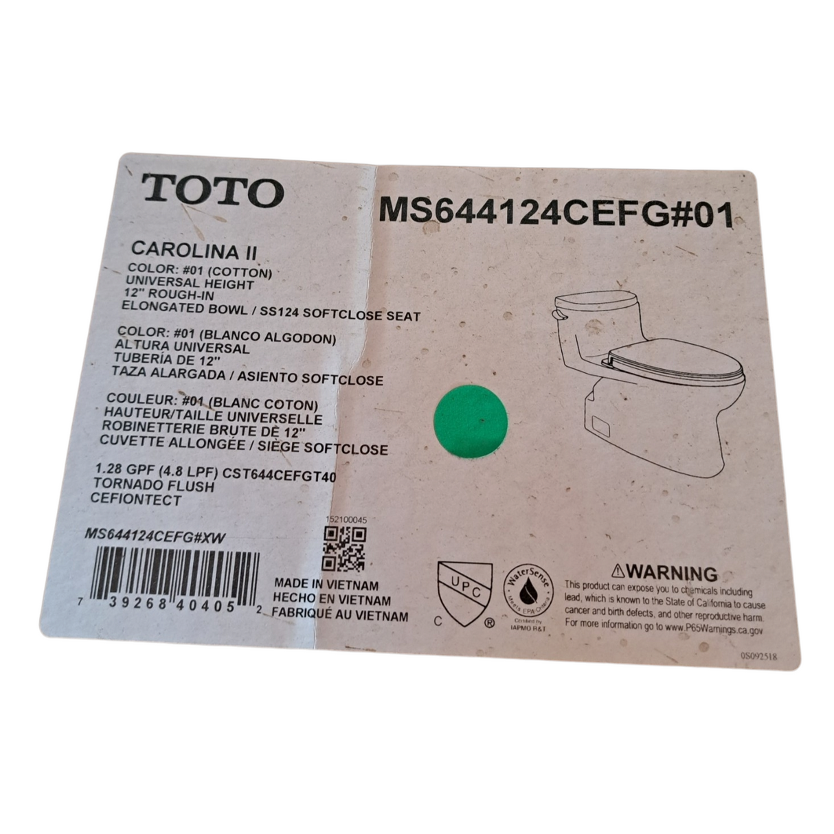 TOTO, MS644124CEFG#01, Carolina II, One-Piece, Elongated, Toilet, CEFIONTECT, Cotton White - New in Box - FreemanLiquidators - [product_description]