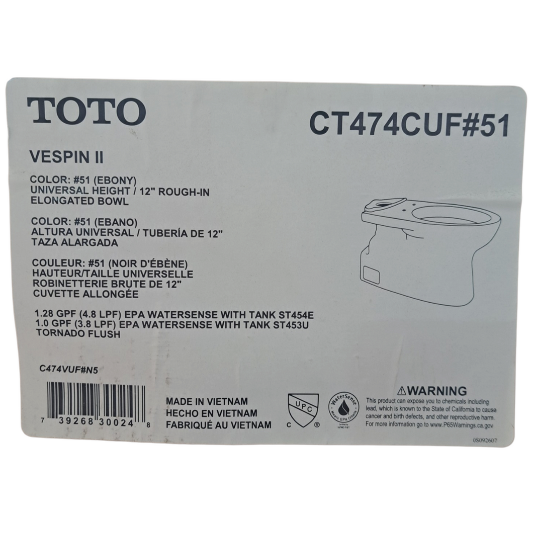 TOTO, CT474CUF#51, VESPIN II, 1G, Toilet Bowl, Ebony - New in Box - FreemanLiquidators - [product_description]