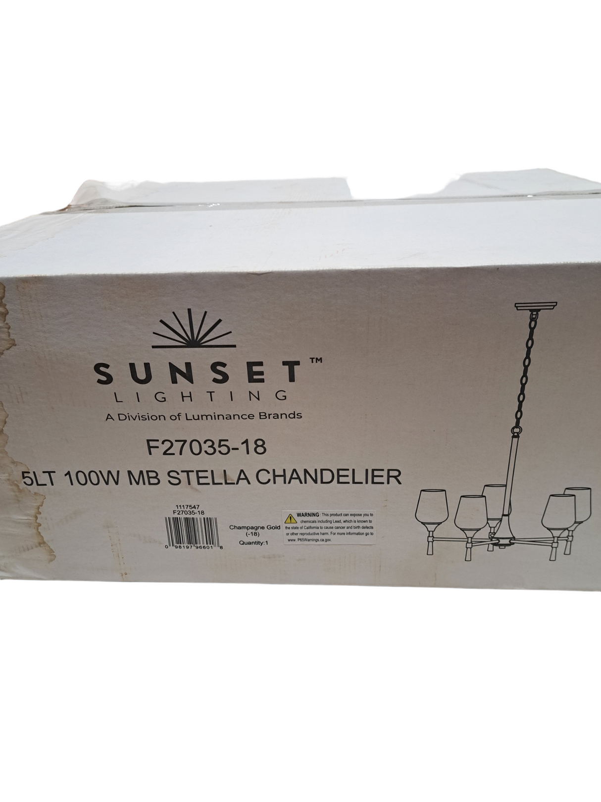 Luminance Brands, Sunset Lighting, F27035-18, Stella, Chandelier, 5 Light - Clear Glass - with Champagne Gold Finish - New in Box - FreemanLiquidators - [product_description]