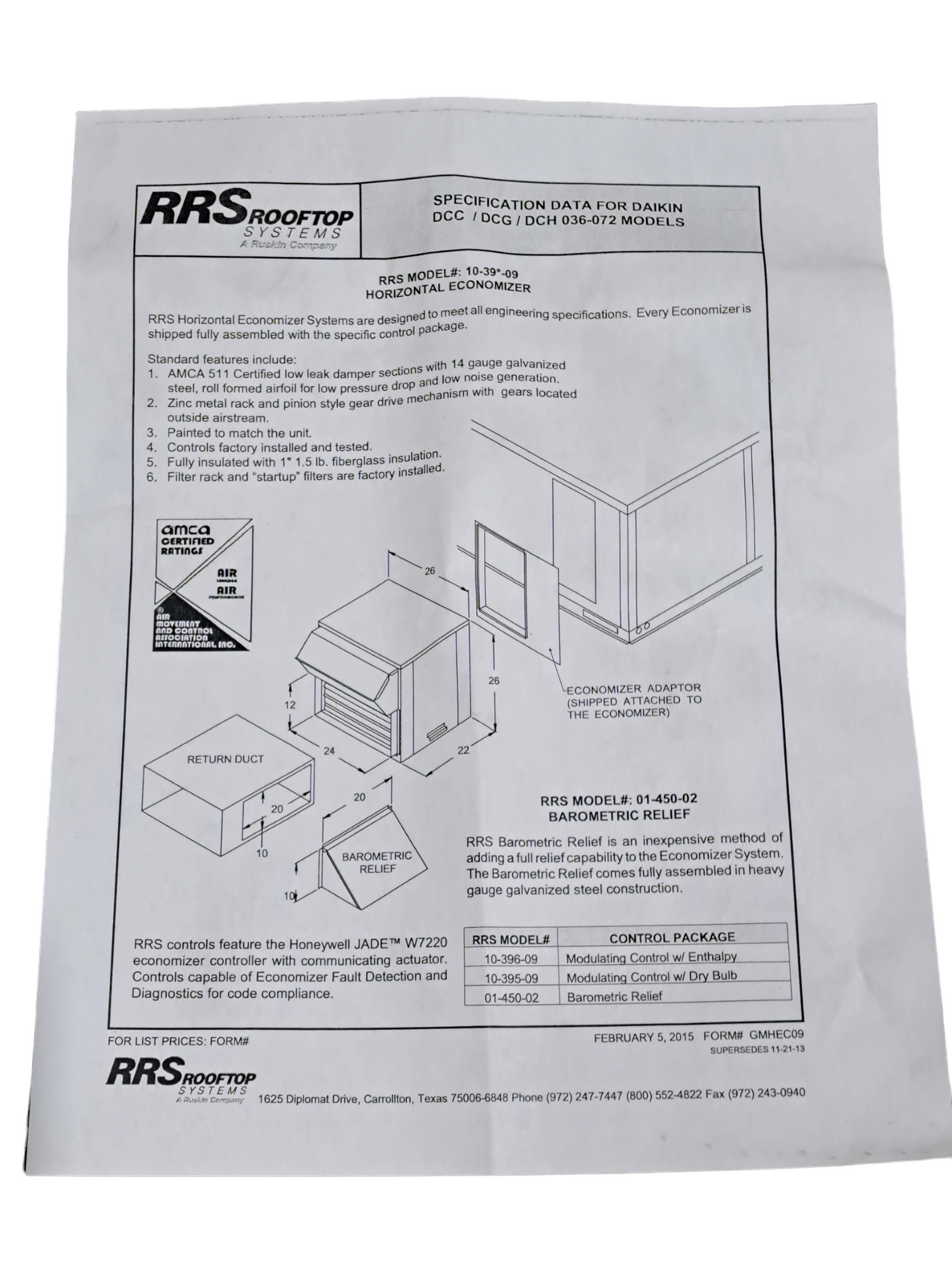 Daikin, 1039609, Ultra Low-Leak, Horizontal, Economizer, Enthalpy, for Air Conditioners/Packaged Gas/Electric Units - FreemanLiquidators - [product_description]