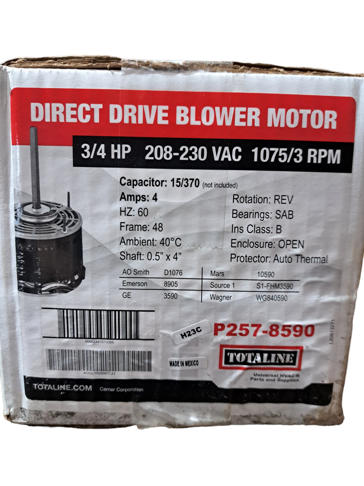 Carrier, P257-8590, Totaline, Direct Drive, Blower Motor, 3/4 HP, 208/230v, 5.0 Fla, 1075 Rpm, 3-speed - FreemanLiquidators - [product_description]